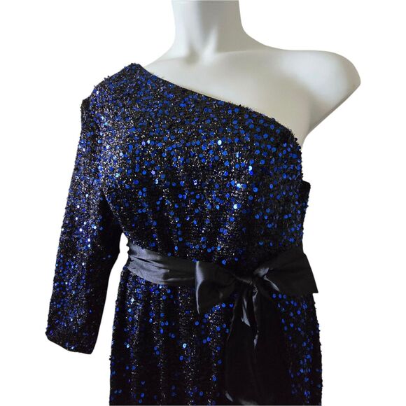 NEW Sequined One-Shoulder Dress. Black Blue. Long Sleeve. Lined w/Slit. Plus 3X - Picture 6 of 11